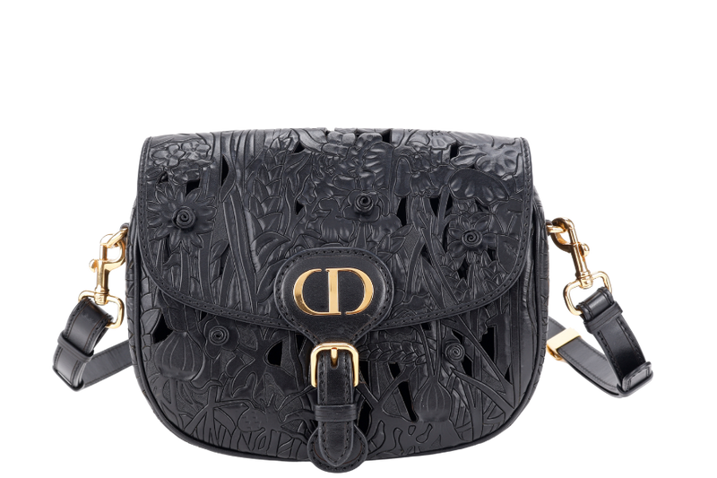 CHRISTIAN DIOR BOBBY FLORAL MOTIF (05-RU-0211) MEDIUM BLACK LEATHER GOLD HARDWARE WITH STRAPS, CARD AND BOX