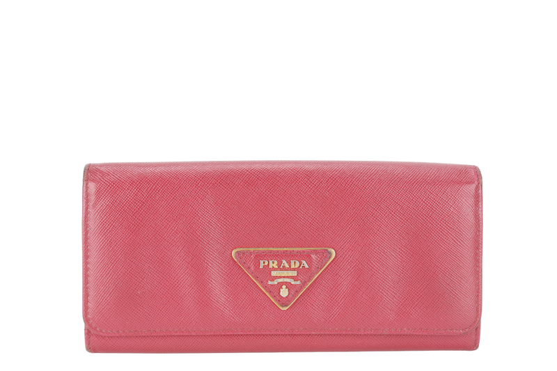 PRADA LONG WALLET PINK SAFFIANO LEATHER GOLD HARDWARE WITH BOX