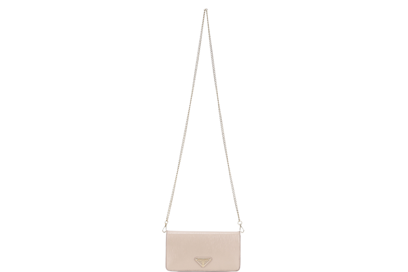 PRADA BANDOLIERA TRIANGLE LOGO HANDBAG MINI BEIGE LEATHER GOLD HARDWARE WITH DUST COVER AND BOX
