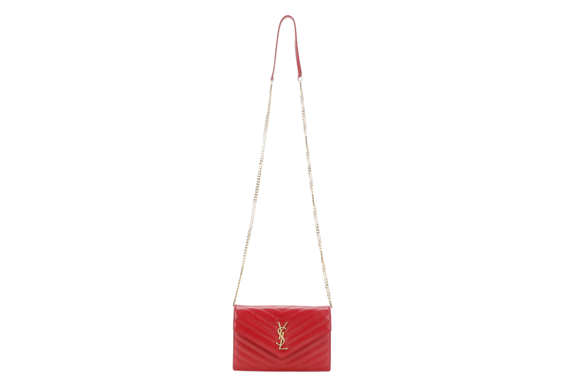 YVES SAINT LAURENT (YSL) ENVELOPE CHAIN WALLET RED CHEVRON QUILTED LEATHER WITH GOLD HARDWARE NO DUST COVER