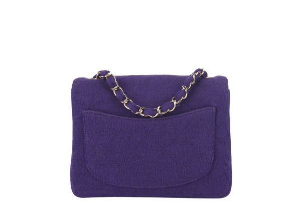 CHANEL CLASSIC FLAP MINI SQUARE (648xxxx) PURPLE JERSEY GOLD HARDWARE WITH DUST COVER AND CARD