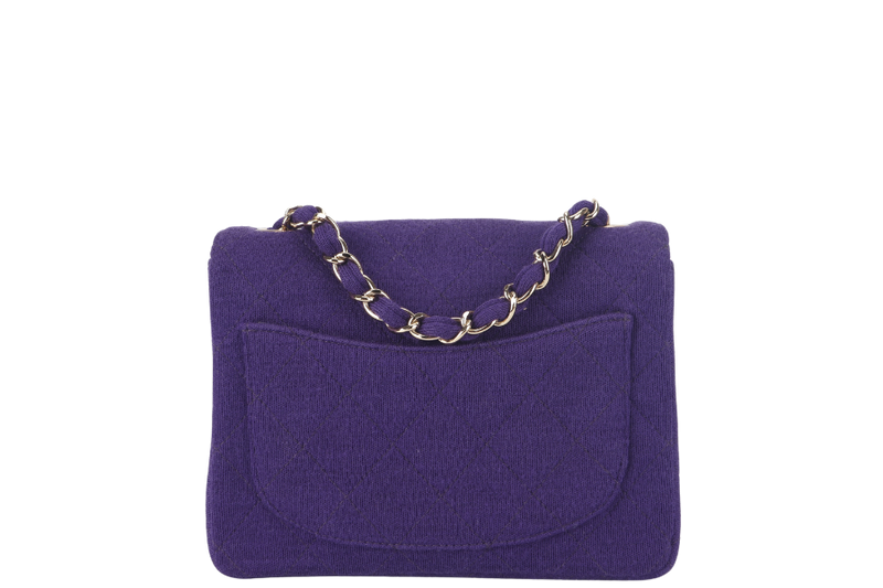 CHANEL CLASSIC FLAP MINI SQUARE (648xxxx) PURPLE JERSEY GOLD HARDWARE WITH DUST COVER AND CARD