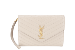 YVES SAINT LAURENT (YSL) CLUTCH BEIGE LEATHER GOLD HARDWARE WITH DUST COVER AND BOX
