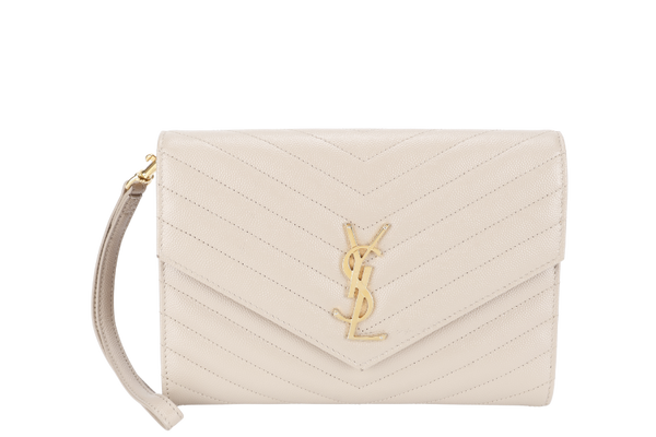 YVES SAINT LAURENT (YSL) CLUTCH BEIGE LEATHER GOLD HARDWARE WITH DUST COVER AND BOX