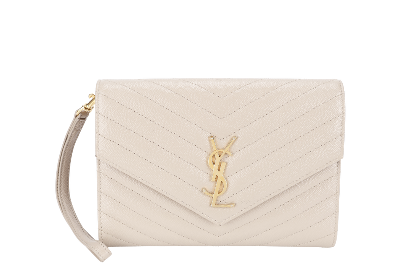 YVES SAINT LAURENT (YSL) CLUTCH BEIGE LEATHER GOLD HARDWARE WITH DUST COVER AND BOX