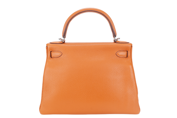 HERMES KELLY 28 RETOURNE ORANGE CLEMENCE LEATHER SILVER HARDWARE STAMP X (YEAR 2016) WITH LONG STRAP, LOCK&KEYS , DUST COVER, RAINCOAT AND BOX