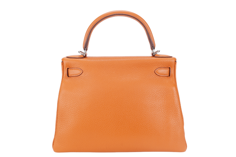 HERMES KELLY 28 RETOURNE ORANGE CLEMENCE LEATHER SILVER HARDWARE STAMP X (YEAR 2016) WITH LONG STRAP, LOCK&KEYS , DUST COVER, RAINCOAT AND BOX