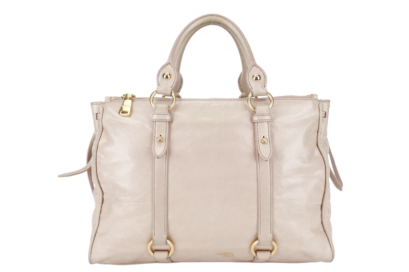 MIU MIU VITELLO LUX LARGE BEIGE BOWLER BAG GOLD HARDWARE WITH LEATHER STRAPS AND DUST COVER