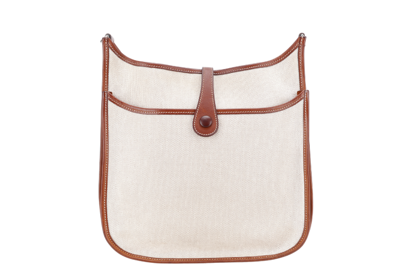 HERMES EVELYN PM TOILE X BARENIA LEATHER STAMP SQUARE K (YEAR 2007) WITH SLING AND DUST COVER