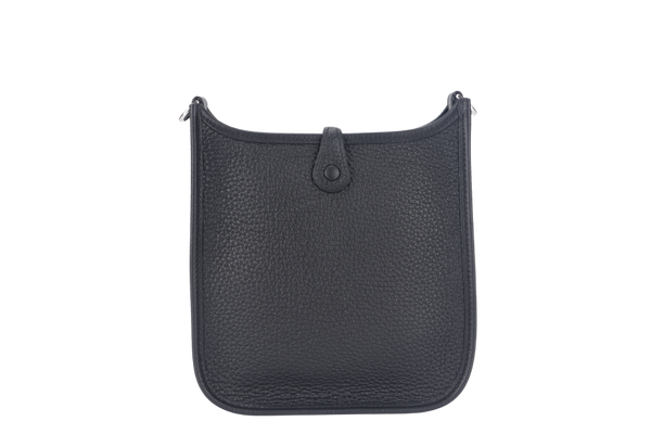 HERMES MINI EVELYN BLACK CLEMENCE LEATHER WITH SILVER HARDWARE STAMP B WITH DUST COVER AND BOX