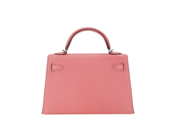 HERMES MINI KELLY ROSE D'ETE, CHEVRE SILVER HARDWARE STAMP D (YEAR 2019) WITH STRAPS AND DUST COVER