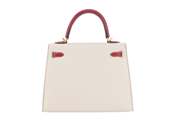 HERMES KELLY 25 HSS SELLIER STAMP D (YEAR 2022) EPSOM CRAIE ROUGE CASAQUE BRUSHED GOLD HARDWARE WITH LOCK&KEYS, RAINCOAT AND DUST COVER