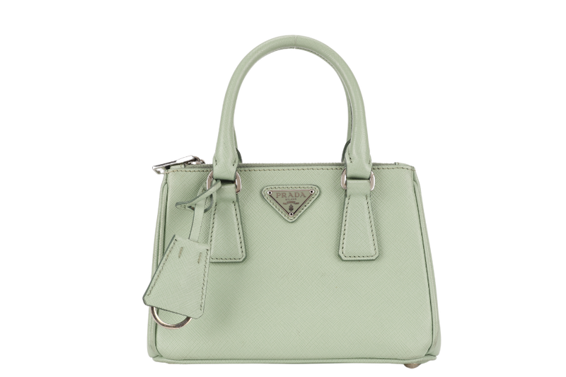 PRADA SAFFIANO LUX SMALL GALLERIA DOUBLE ZIP TOTE AQUAMARINE SILVER HARDWARE WITH CARD AND DUST COVER