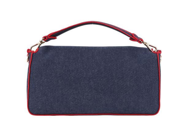 FENDI BAGUETTE SHOULDER BAG (8BR771) LARGE BLUE DENIM GOLD HARDWARE WITH STRAP, DUST COVER AND BOX