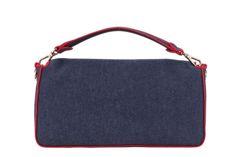 FENDI BAGUETTE SHOULDER BAG (8BR771) LARGE BLUE DENIM GOLD HARDWARE WITH STRAP, DUST COVER AND BOX