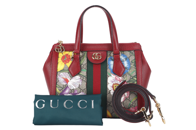 GUCCI GG FLORA WEB 2WAY BAG (547551 525040) SMALL RED LEATHER GOLD HARDWARE WITH STRAP AND DUST COVER