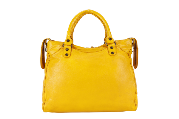 BALENCIAGA CITY VELO MUSTARD YELLOW LAMBSKIN HANDBAG WITH STRAPS AND DUST COVER