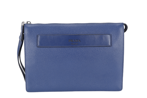 PRADA BORSELLO DARK BLUE GRAIN CALFSKIN CLUTCH SILVER HARDWARE WITH DUST COVER