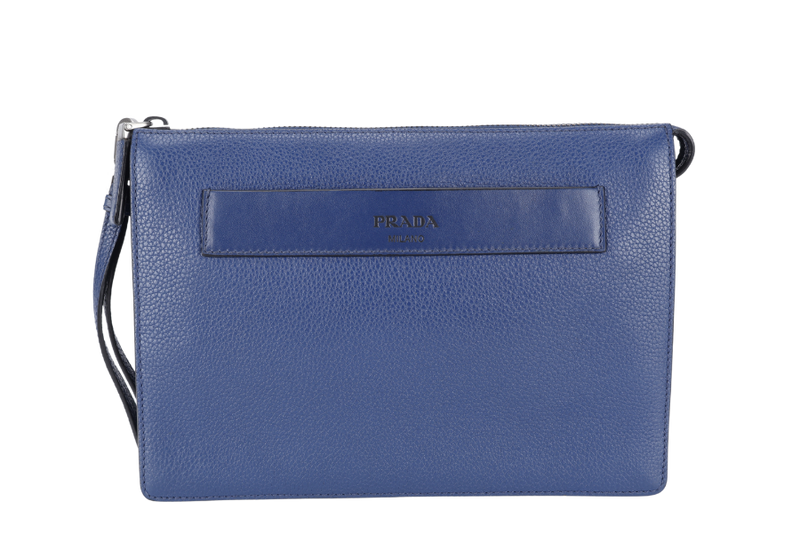 PRADA BORSELLO DARK BLUE GRAIN CALFSKIN CLUTCH SILVER HARDWARE WITH DUST COVER