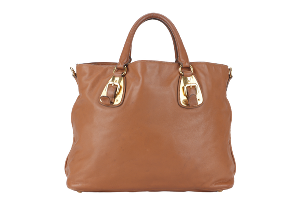 PRADA SOFT CALF (BN1902) MEDIUM BROWN LEATHER GOLD HARDWARE 2WAYS BAG WITH STRAP, DUST COVER AND CARD