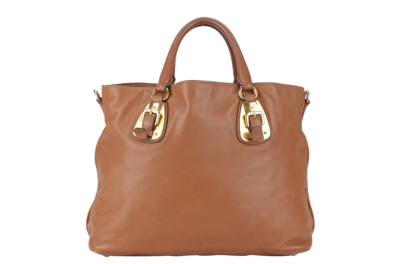 PRADA SOFT CALF (BN1902) MEDIUM BROWN LEATHER GOLD HARDWARE 2WAYS BAG WITH STRAP, DUST COVER AND CARD