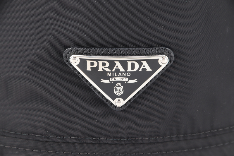 PRADA BUCKET HAT METAL LOGO BLACK NYLON WITH DUST COVER