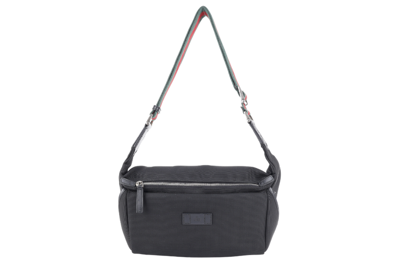 GUCCI TECHNO WEB BELT BAG BLACK CANVAS SILVER HARDWARE WITH DUST COVER