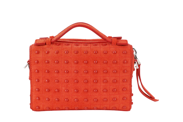 TODS RUBBERSTUD CROSSBODY SLING BAG ORANGE SUEDE SILVER HARDWARE WITH STRAPS AND DUST COVER