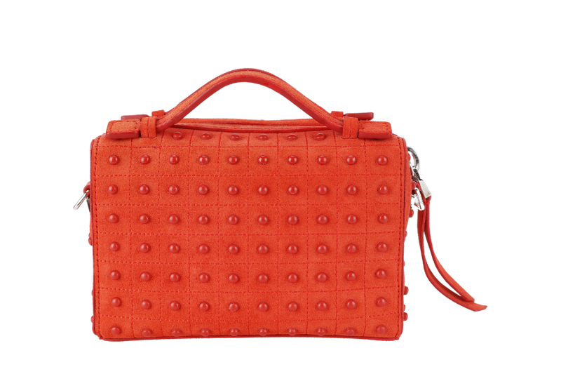 TODS RUBBERSTUD CROSSBODY SLING BAG ORANGE SUEDE SILVER HARDWARE WITH STRAPS AND DUST COVER