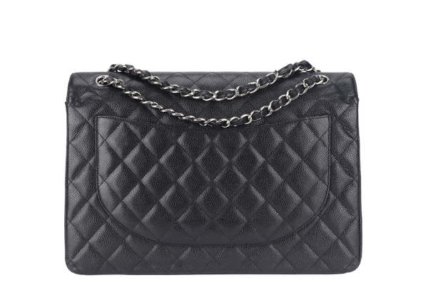 CHANEL CLASSIC DOUBLE FLAP MAXI (1437xxxx) BLACK CAVIAR SILVER HARDWARE WITH DUST COVER