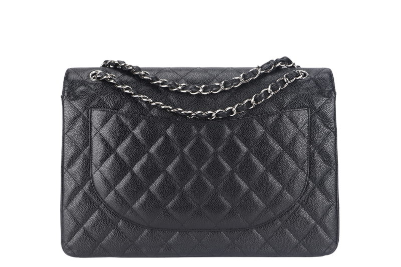 CHANEL CLASSIC DOUBLE FLAP MAXI (1437xxxx) BLACK CAVIAR SILVER HARDWARE WITH DUST COVER