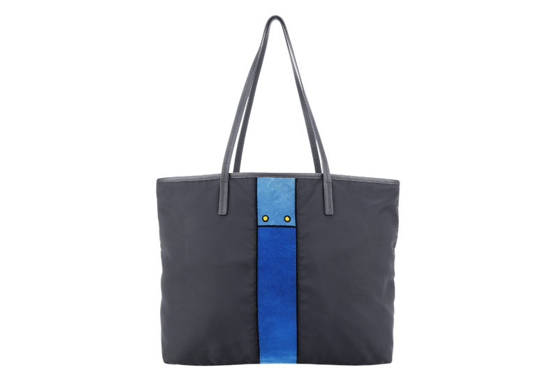 PRADA IBG065 TESSUTO RICAMO BLACK NYLON BLUE UNISEX TOTE BAG WITH CARD AND DUST COVER