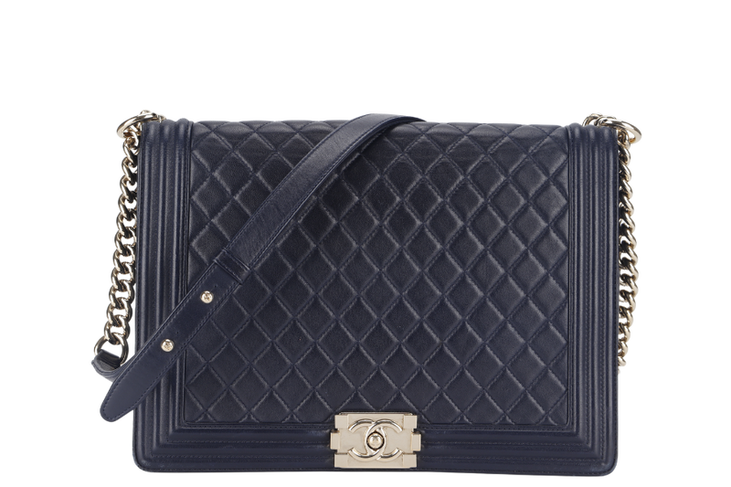 CHANEL LEBOY LARGE (2226xxxx) NAVY BLUE LAMBSKIN GOLD HARDWARE WITH DUST COVER AND BOX