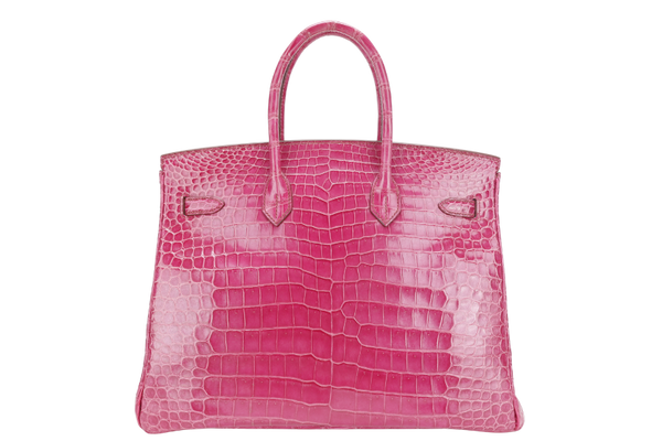 HERMES BIRKIN 35 STAMP N SQUARE (YEAR 2010) ROSE SCHEHERAZADE POROSUS CROC SKIN SILVER HARDWARE WITH KEYS&LOCK, RAINCOAT, DUST COVER & BOX