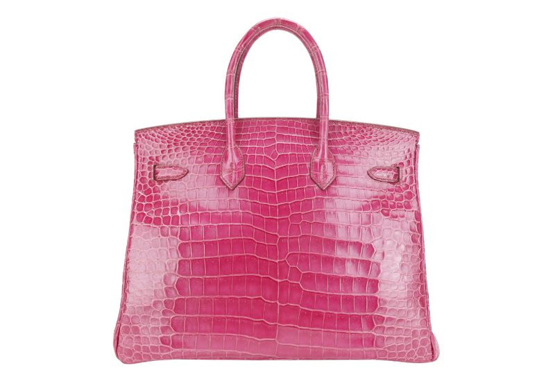 HERMES BIRKIN 35 STAMP N SQUARE (YEAR 2010) ROSE SCHEHERAZADE POROSUS CROC SKIN SILVER HARDWARE WITH KEYS&LOCK, RAINCOAT, DUST COVER & BOX