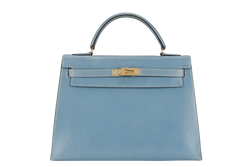 HERMES KELLY 32 STAMP A (YEAR 1997) BLUE JEAN BOX LEATHER GOLD HARDWARE WITH DUST COVER, STRAP , KEYS AND LOCK