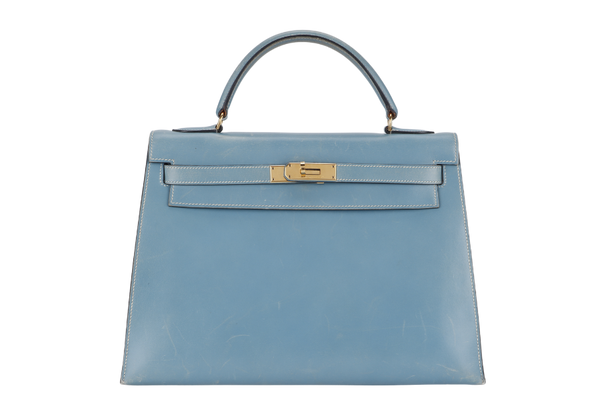 HERMES KELLY 32 STAMP A (YEAR 1997) BLUE JEAN BOX LEATHER GOLD HARDWARE WITH DUST COVER, STRAP , KEYS AND LOCK