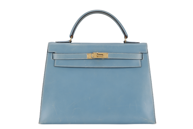 HERMES KELLY 32 STAMP A (YEAR 1997) BLUE JEAN BOX LEATHER GOLD HARDWARE WITH DUST COVER, STRAP , KEYS AND LOCK