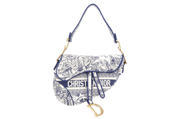 CHRISTIAN DIOR SADDLE TOILE DE JOUY WHITE BLUE CANVAS GOLD HARDWARE WITH DUST COVER AND BOX