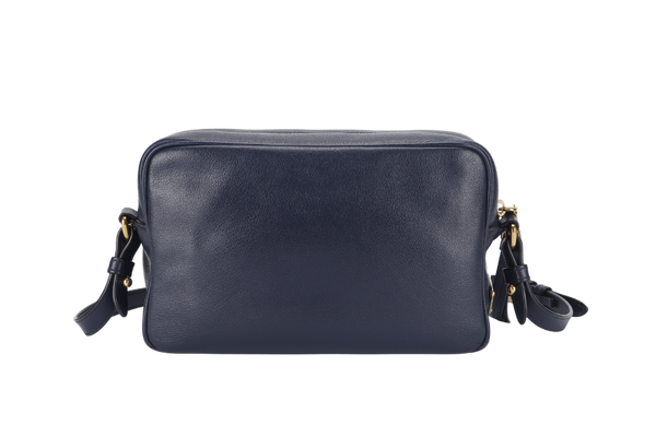 PRADA CAMERA CROSSBODY BAG (1BH089) NAVY BLUE GLACE CALF LEATHER GOLD HARDWARE WITH DUST COVER AND CARD