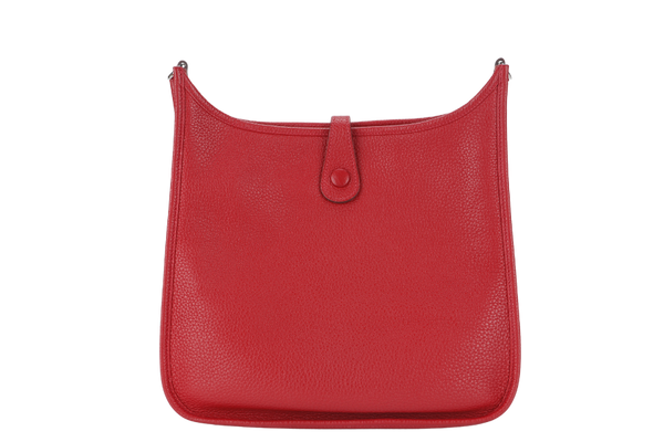 HERMES EVELYNE PM STAMP P RED CLEMENCE LEATHER SILVER HARDWARE WITH STRAP AND DUST COVER