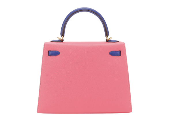 HERMES KELLY 25 HSS STAMP C (YEAR 2018) ROSE AZALEE, BLUE ELECTRIC EPSOM LEATHER, BRUSHED GOLD HARDWARE WITH STRAP, KEYS, LOCK AND DUST COVER