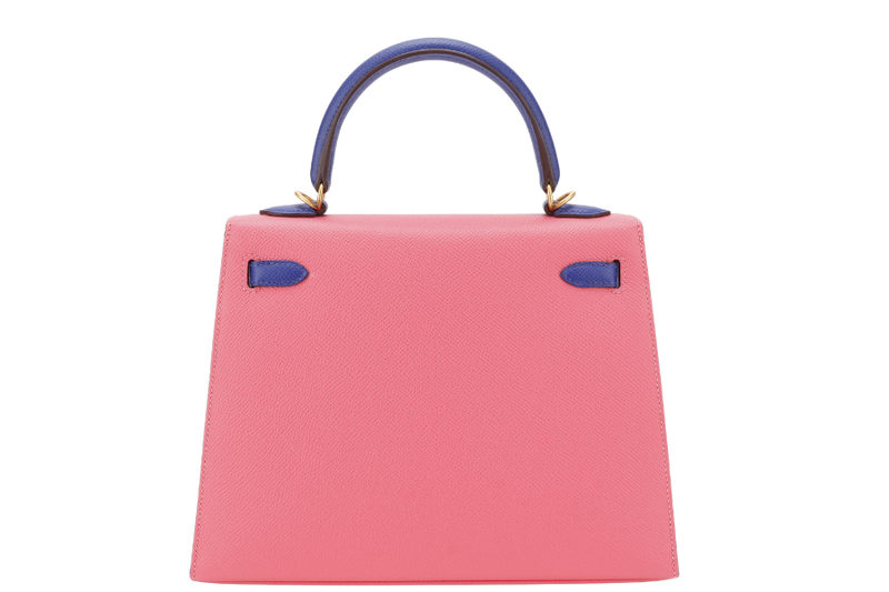 HERMES KELLY 25 HSS STAMP C (YEAR 2018) ROSE AZALEE, BLUE ELECTRIC EPSOM LEATHER, BRUSHED GOLD HARDWARE WITH STRAP, KEYS, LOCK AND DUST COVER