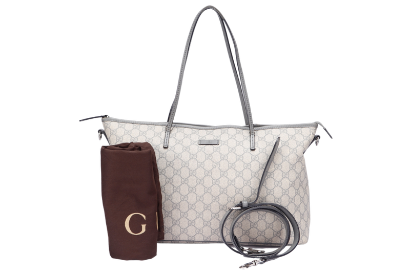 Gucci Light Grey Trim Canvas Shoulder Tote (353437 525040) with Strap & Dust Cover
