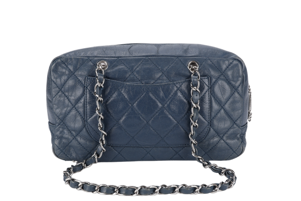 CHANEL CLUB BOWLER BAG (1138xxxx) BLUE CALFSKIN QUILTED COTTON LEATHER SILVER HARDWARE NO DUST COVER