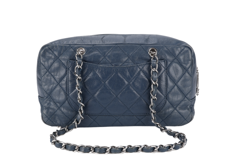 CHANEL CLUB BOWLER BAG (1138xxxx) BLUE CALFSKIN QUILTED COTTON LEATHER SILVER HARDWARE NO DUST COVER