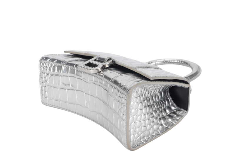 BALENCIAGA HOURGLASS XS HANDBAG IN SILVER METALLIC CROC-EFFECT LEATHER SILVER HARDWARE NO DUST COVER