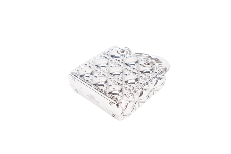 CHRISTIAN DIOR LADY DIOR I ON IN SILVER METAL CHARMS AND PILL BOX WITH DUST COVER AND BOX