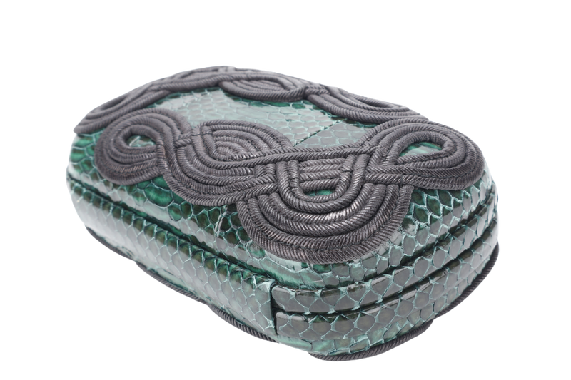 BOTTEGA VENETA PASSAMANERIA EMERALD SNAKESKIN WOVEN KNOT SUEDE LEATHER INTERIOR CLUTCH WITH DUST COVER
