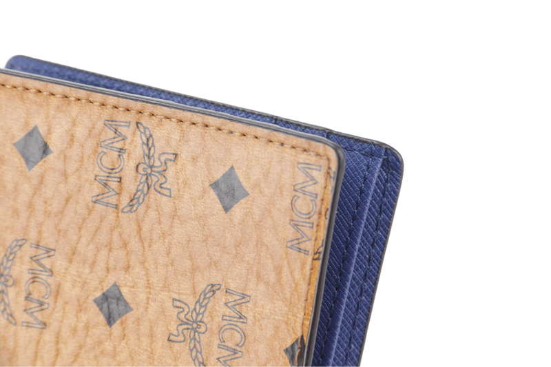 MCM AREN BI FOLD WALLET BROWN-BLUE LEATHER SILVER HARDWARE WITH DUST COVER AND BOX